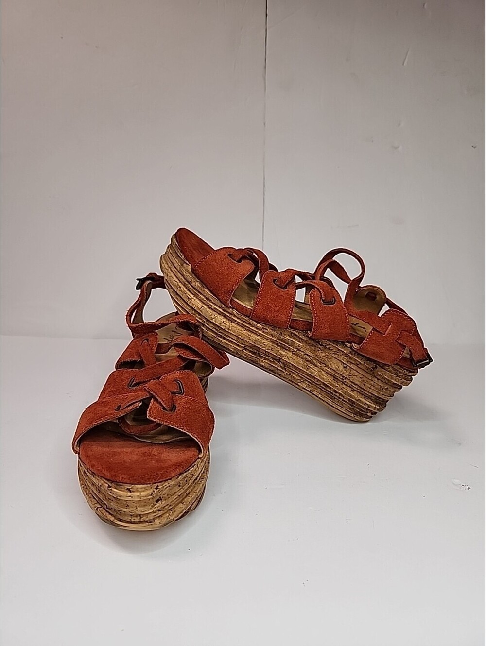 Free People Platform Sandals Shoes 38 Brown Taracotta Suede Lthr Strappy Lace Up